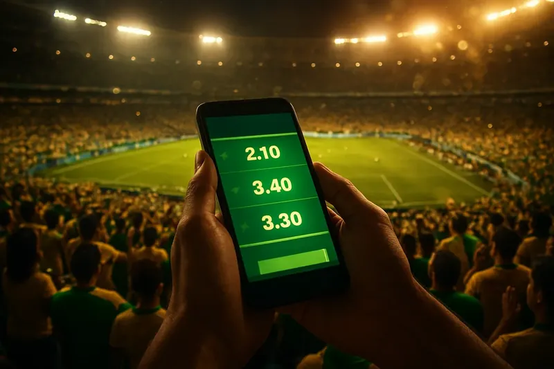 Mãos com smartphone exibindo odds ao vivo no Maracanã lotado à noite