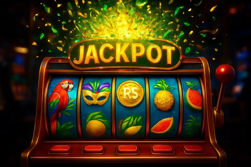 Caça-níqueis brasileiro com símbolos tropicais, jackpot e confetes verde e dourado