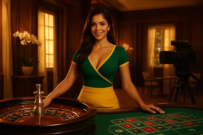 Estúdio de cassino ao vivo com dealer brasileira na roleta, luxo tropical