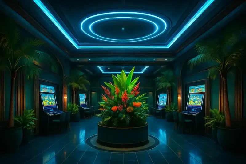 Lobby elegante de cassino com decoração tropical brasileira e telas de jogos