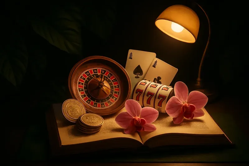 Livro aberto brilhante com roleta, caça-níqueis e cartas de blackjack