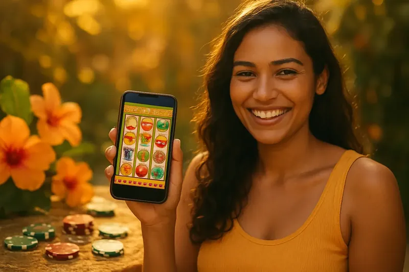 Jogador brasileiro segurando smartphone com caça-níquel online e fichas