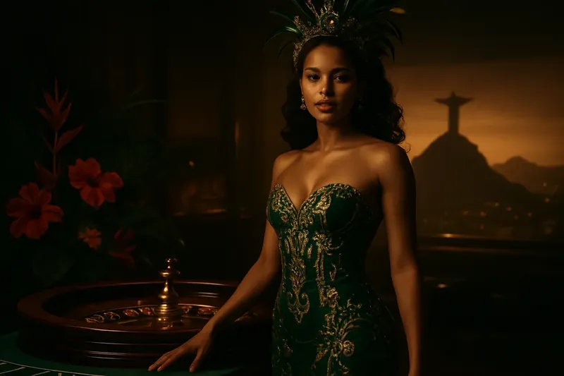 Mulher brasileira elegante ao lado da roleta com skyline do Rio ao fundo